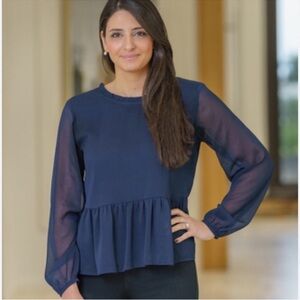 LOFT M Navy Chiffon Ruffle Neck Back V-Neck Sheer Sleeve Peplum Blouse